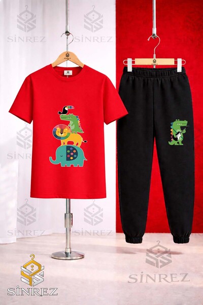 SİNREZ Unisex Kids Animal Ust Uste Coklu Printed T-Shirt and Sweatpants Set