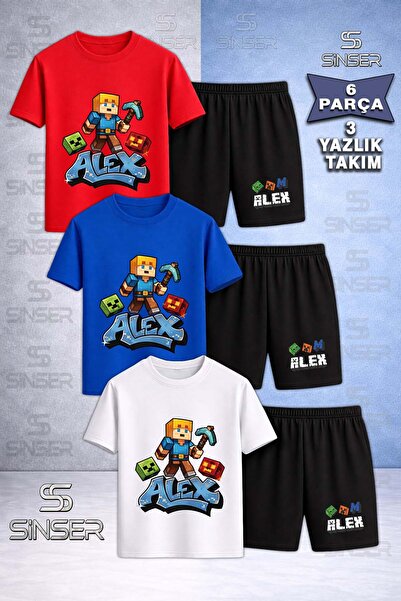 SS SİNSER Children's Alex Mavi Baltali Special Printed Crew Neck 3-Piece T-Sh...