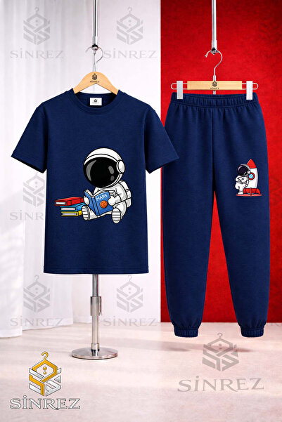 SİNREZ Unısex Çocuk ASTRONOT KITAP OKUYAN Baskılı Tişort Eşofman Takımı