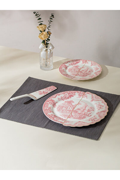 Malooki Σετ κέικ Toile – 6 πορσελάνινα πιάτα γλυκού και μεγάλο πιάτο, με ροζ ...