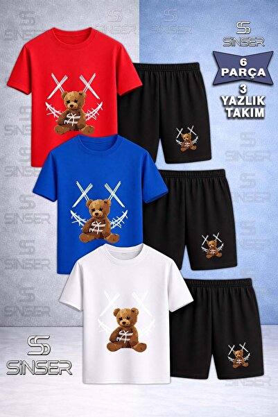 SS SİNSER Children's Bear Yarn Carpi White Custom Printed Crew Neck 3-Piece T...