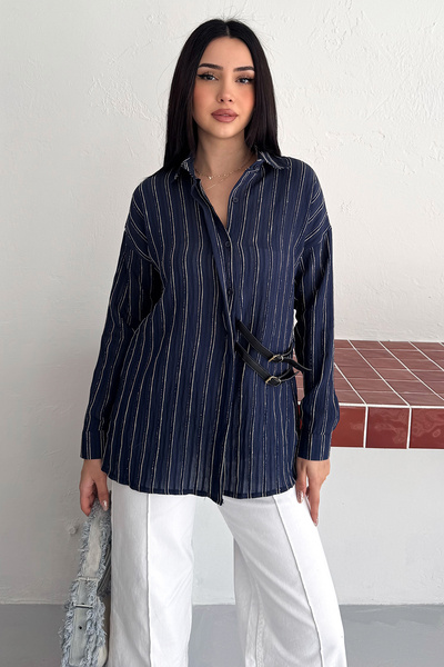 Noa&Noa Women's Striped Belted Shirt – Loose Fit Buttoned Stylish Blouse