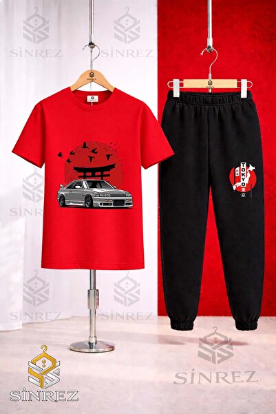SİNREZ Set de trening unisex pentru copii CAR TOKYO RED CIRCLE PRINTED TRICKERED