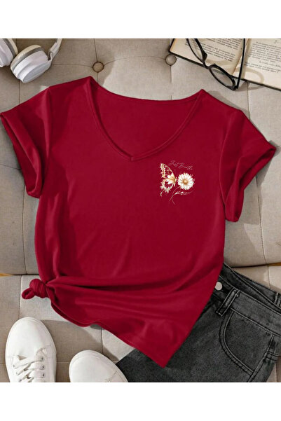 SUNFREE Butterfly Flower Printed V-Neck Short Sleeve Regular Women's Tshirt