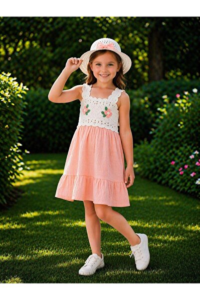 Kuzucuk Kids Bebek Çocuk Butik Kız Çocuk Lila Müslin Elbise Şapkalı Pamuklu N...