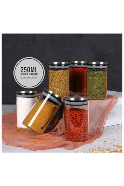 handanca 6’lı Metal Kapaklı Cam Lüks 250 ml Baharatlık Seti Baharatlık Takımı