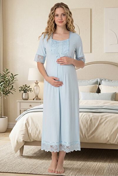 BLACKMORE Women's Blue Cotton Lace Detailed Short Sleeve Maternity Nightgown