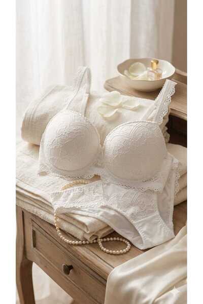 ÇEÇEN HOME Λευκό δαντελένιο σετ σουτιέν με ενίσχυση Push Up, γυναικεία εσώρου...