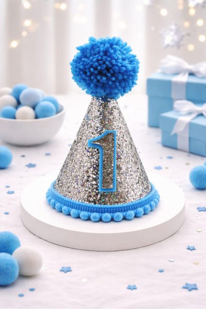 DEHAPARTY Hat Jute Model with Pompom 1 Year Old Glitter Blue Birthday