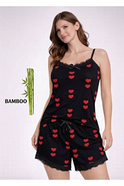 ANDINO Kadın Bamboo Siyah Kalpli İnce Askılı Desenli Şortlu Alt Üst Takım