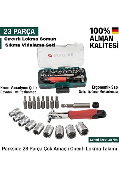 PARKSIDE 23 Parça Çok Amaçlı Cırcırlı Lokma Takımı Somun Sıkma Tornavida Vidalama Seti %100 Alman Kalitesi