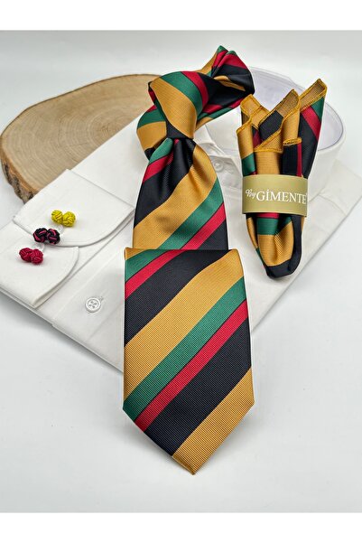 Gutiero Gold Black Striped Classic Tie with Handkerchief