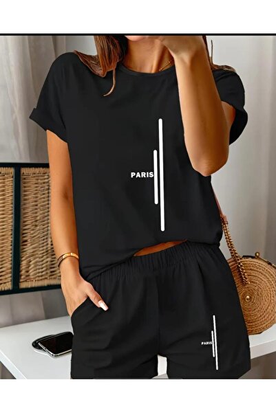 DİVİN PARIS Σετ με στάμπα oversize, μαύρο σορτς και μπλουζάκι