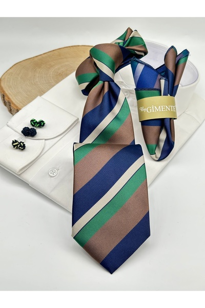 Gutiero Green and Brown Striped Classic Tie with Handkerchief