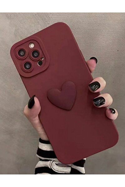 MİRAZ TASARIM IPHONE 14 PRO MAX 3D KALP DEKORLU BORDO KILIF