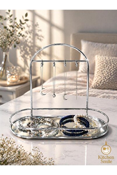 Kitchen Smile Διακοσμητική οβάλ βάση κοσμημάτων με 4 γάντζους σε ασημί χρώμα