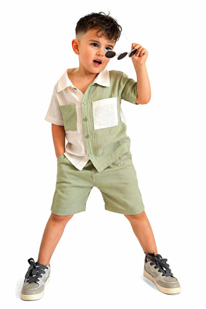 İrem Çocuk Giyim Boy's Button Closure Pocketed Muslin Fabric Two-Tone Green C...