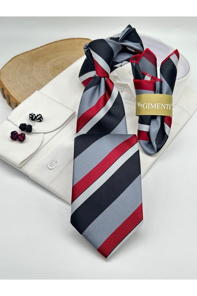 Gutiero Black and Red Striped Classic Tie with Handkerchief