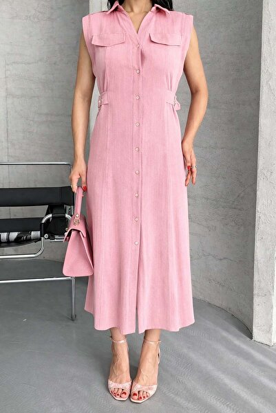 XXL BUTİK Γυναικείο ροζ λινό φόρεμα μίντι με λεπτομέρεια τσέπης και κουμπιά E...