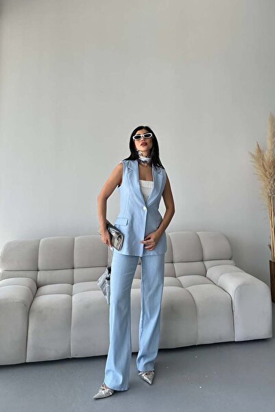 XXL BUTİK Women's Blue Linen Fabric Vest and Trousers Set Esr086