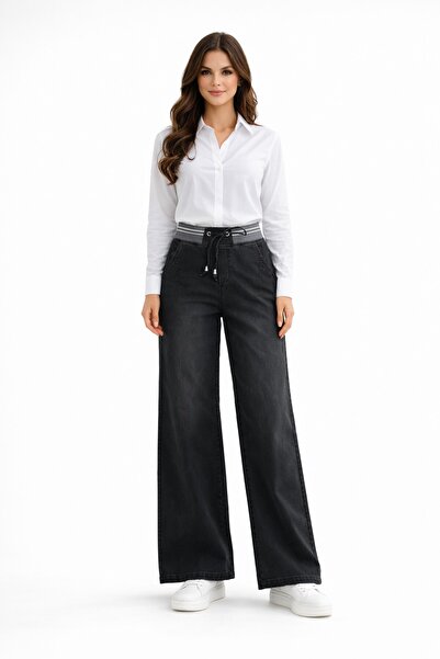 KÜBRA Pantaloni de damă din denim largi, cu talie elastică cu nervuri BGL-ST0...