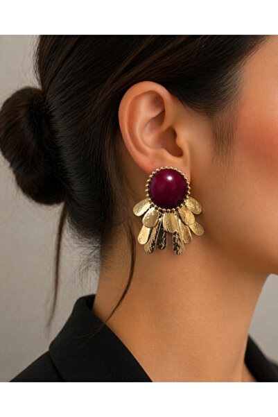AltıntaşAksesuar Kadın Küpe - Vintage Bordo Taşlı Gold Sallantılı Küpe