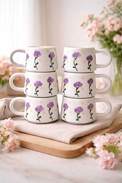 CEYU SERAMİK Purple Flower Patterned Set of 6 Ceramic Coffee Mugs