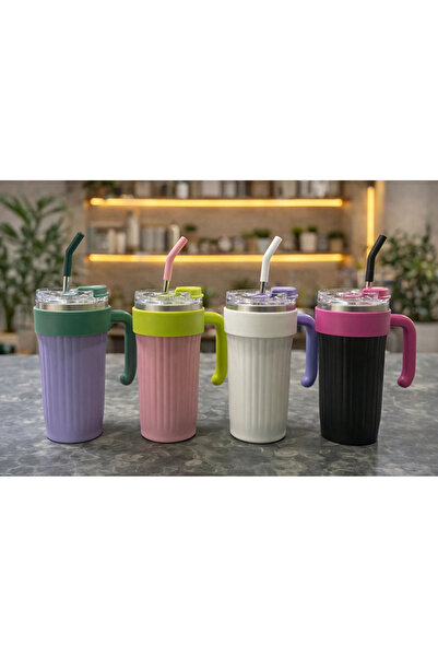 Marsilyan Heat-Insulated Steel Thermos Mug with Handle and Straw Alk4632 Ilke...