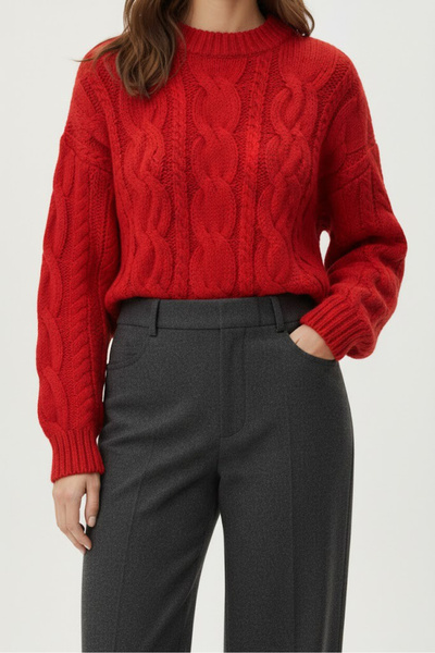Rosa By Belle Kadın Kırmızı Kazak Crop Model Örgü Triko Uzun Kollu