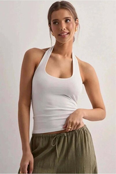 Cupla Γυναικείο Halter Collar Crop Top Body Λευκό