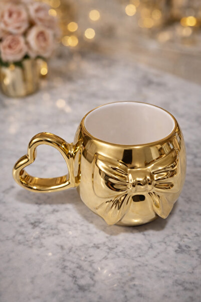 İZart Kalp Kulp GOLD KAPLAMA 3D FİYONK DESENLİ Özel Kabartmalı Tamamıyla El Yapımı Seramik Kupa