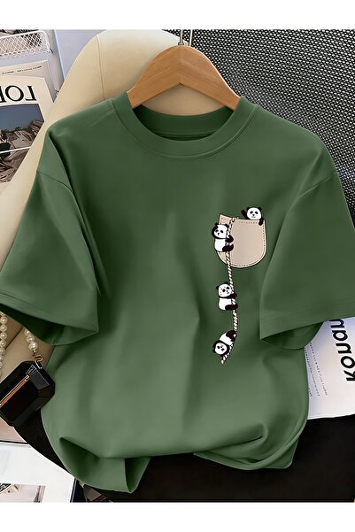 GALASHOP Yeni Moda Kadın Yuvarlak Yaka Panda Baskılı Kısa Kollu Yazlık Günlük...