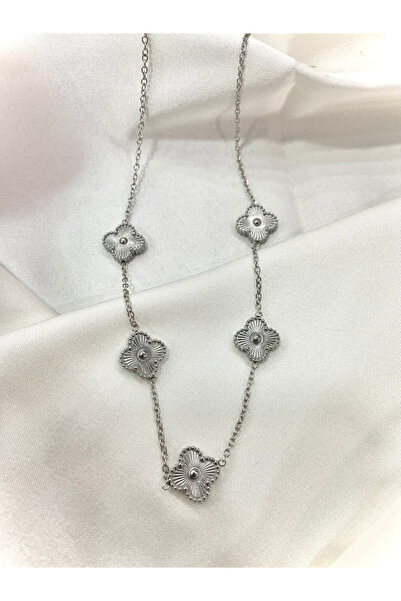 stainless steell Gümüş Clover Silver Çerçeve Yonca Model Çelik Kolye