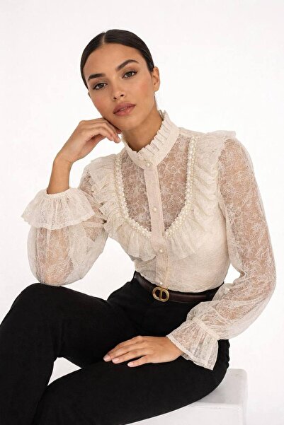 LOKADI Μπλούζα με δαντέλα γκιπούρ και λεπτομέρειες από πέρλες - Κομψό πουκάμι...