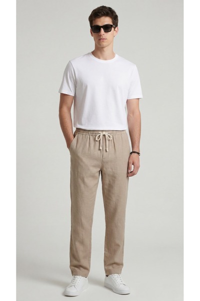 Leopars Men's Beige Linen Trousers Muslin Fabric Oversize Comfortable Fit Dai...