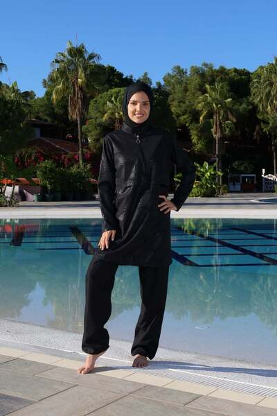 Estiva Πλήρως καλυμμένο μαγιό με παντελόνι, πέτρινο σχέδιο, μισό φερμουάρ, μαύρο