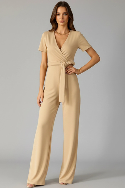 Butik Women's Double-breasted Collar Belted Crepe Fabric Jumpsuit