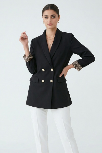Lunfia Modern Cep Detaylı Çift Düğmeli Blazer - Siyah