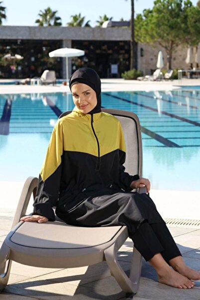 Estiva Χρυσό ολόσωμο μαγιό με παντελόνι και φερμουάρ, μακρύ, σε στυλ χιτζάμπ