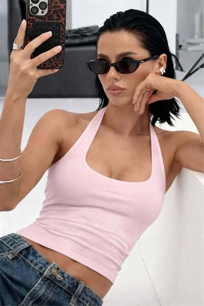 Cupla Γυναικείο Halter Collar Crop Top Body σε ροζ χρώμα