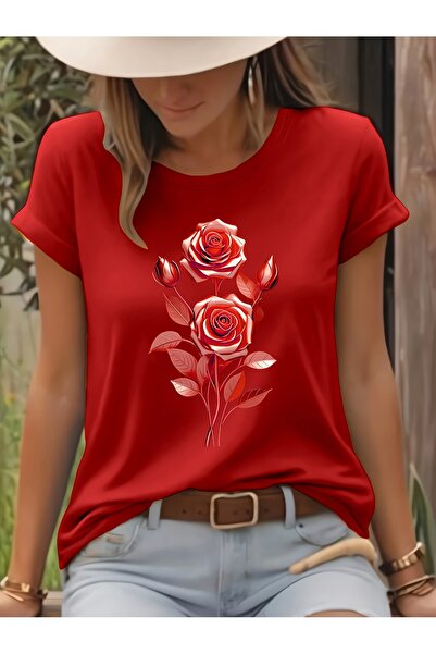 GALASHOP تي شيرت مطبوع عليه رسومات جولد روز، بأكمام قصيرة وياقة دائرية