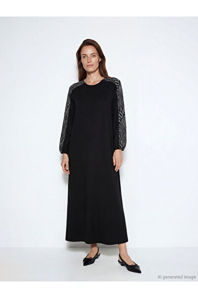 LC Waikiki NEVAVM Φόρεμα σε γραμμή Α με μοτίβο στο λαιμό LCW Grace σε μαύρο χ...