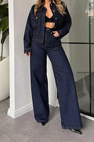 Jaglion Νέα Συλλογή Γυναικείο Σετ Τζιν με Στάμπα Πέτρας, Σακάκι και Παντελόνι