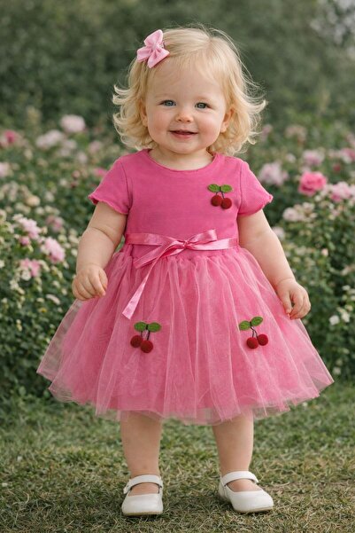 Kuzucuk Kids Bebek Çocuk Butik Kız Bebek Pembe Kiraz Detaylı Tüllü Elbise