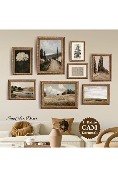 Sanart Yağlı Boya Tablo Seti, CAMLI Vintage Tablo, 8 Parça Çerçeveli Tablo, S...