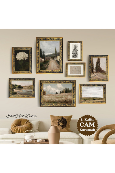 Sanart Yağlı Boya Tablo Seti, CAMLI Vintage Tablo, 8 Parça Çerçeveli Tablo, S...