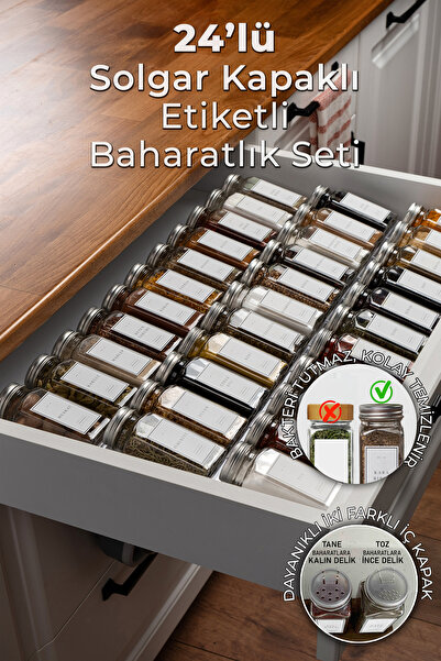 handanca 24'lü Cam Baharatlık Seti, Gümüş Kapak ve Beyaz Etiketli, Şık ve Pratik