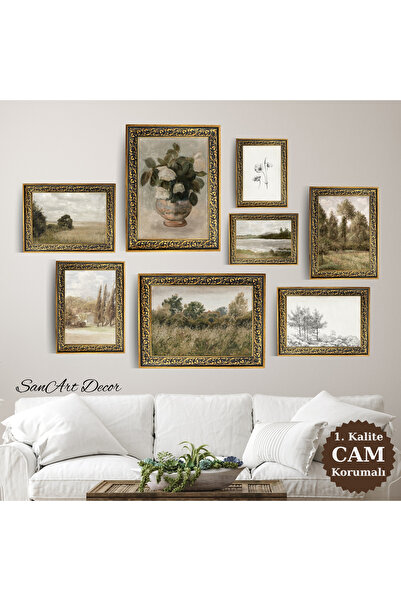 Sanart Yağlı Boya Tablo Seti, CAMLI Vintage Tablo, 8 Parça Çerçeveli Tablo, S...