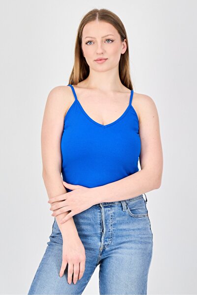 Don't Call Me Jennyfer Women V-Neck Sleeveless Ribbed Tank Top, Blue