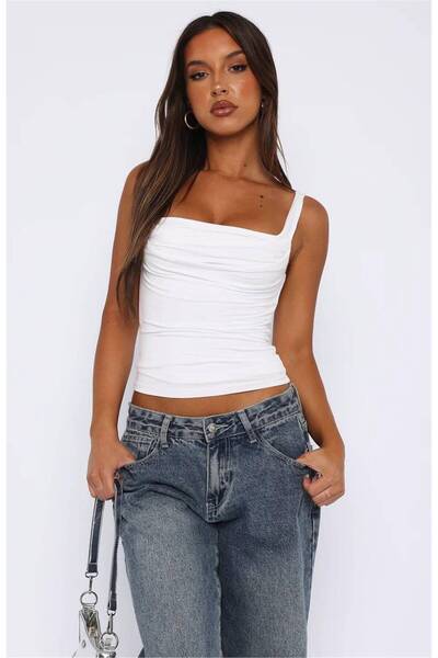 Cupla Γυναικεία μπλούζα με διπλό λουράκι και σούρα μπροστά, λευκή